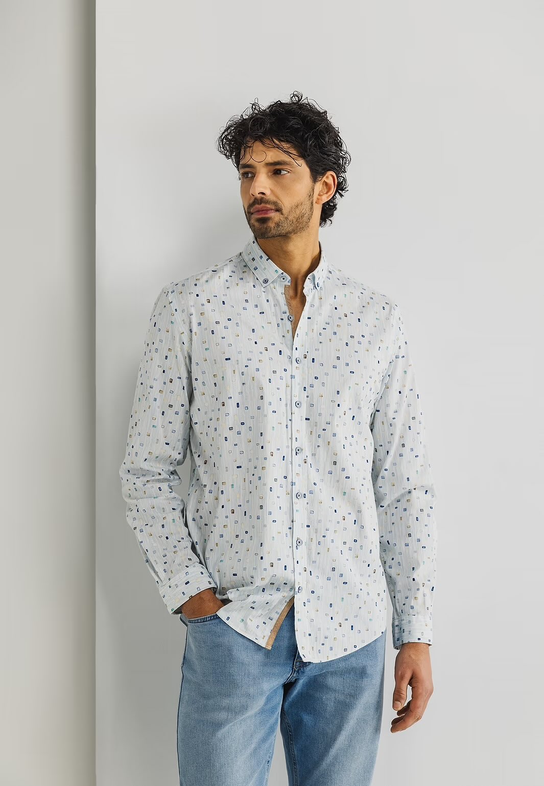 Overhemd geometrische print - wit / mintblauw