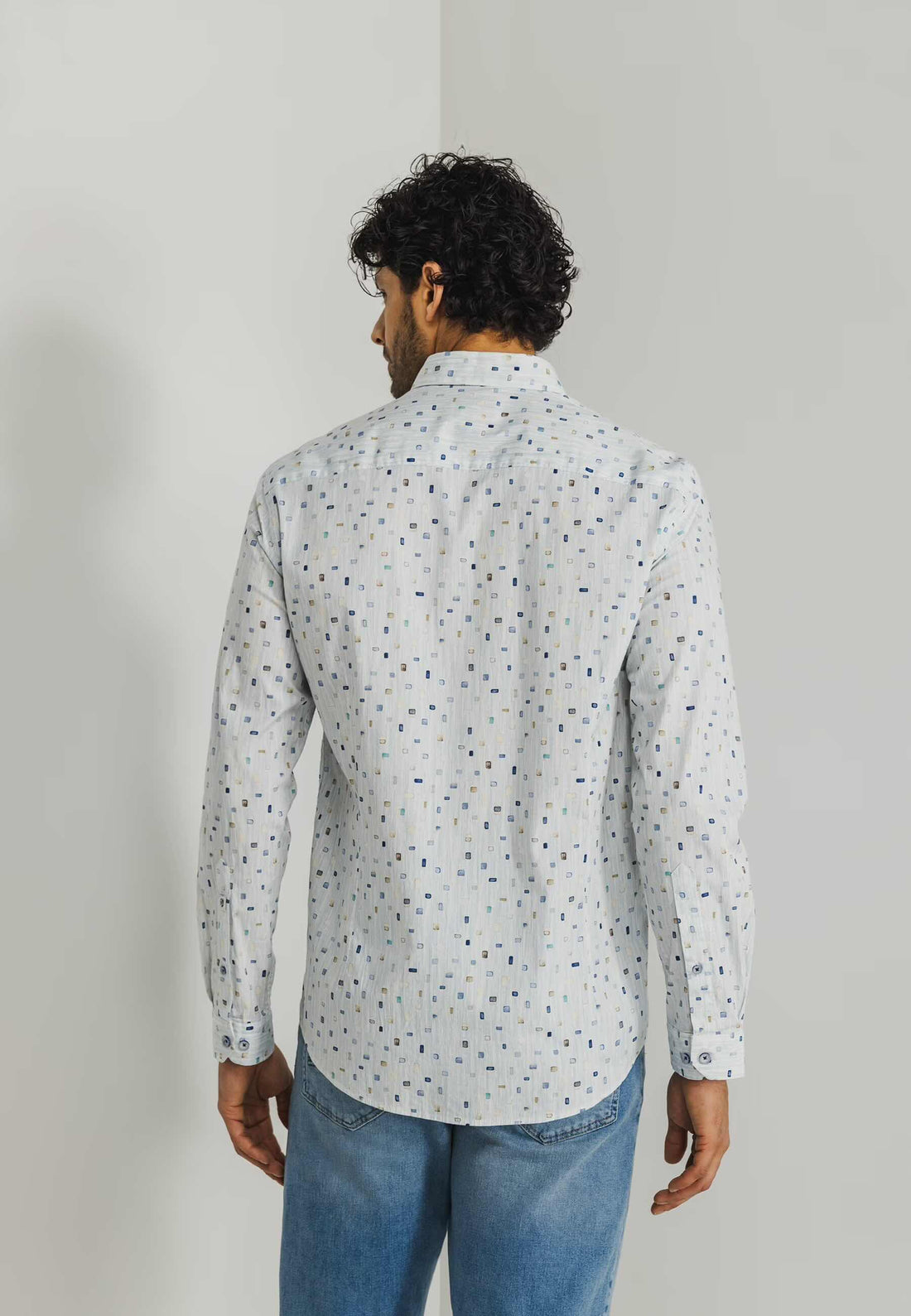 Overhemd geometrische print - wit / mintblauw