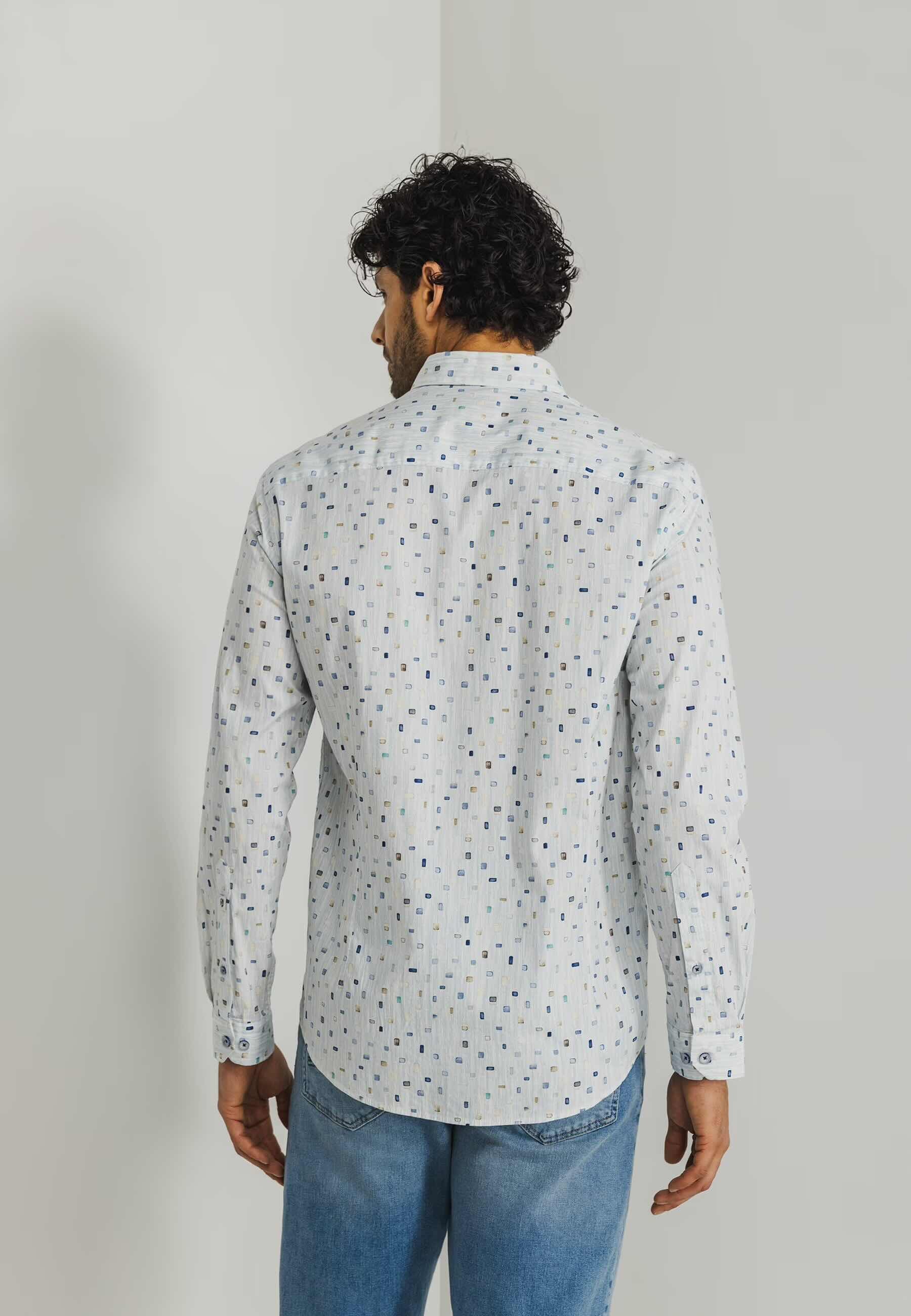 Overhemd geometrische print - wit / mintblauw