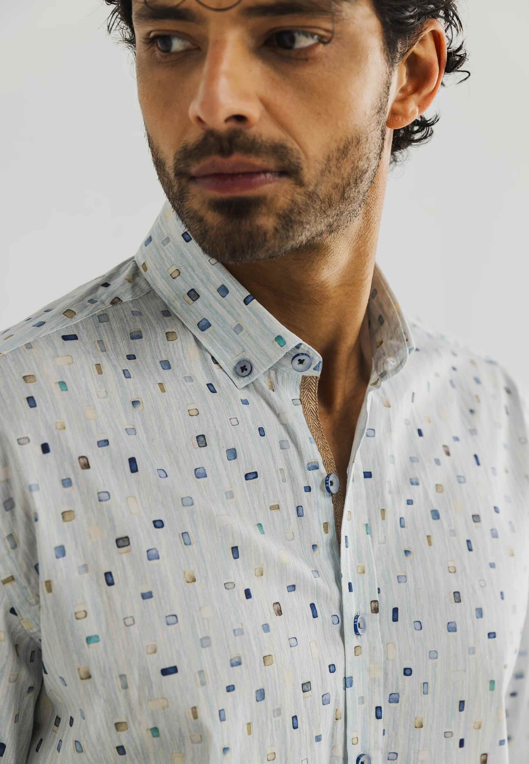 Overhemd geometrische print - wit / mintblauw