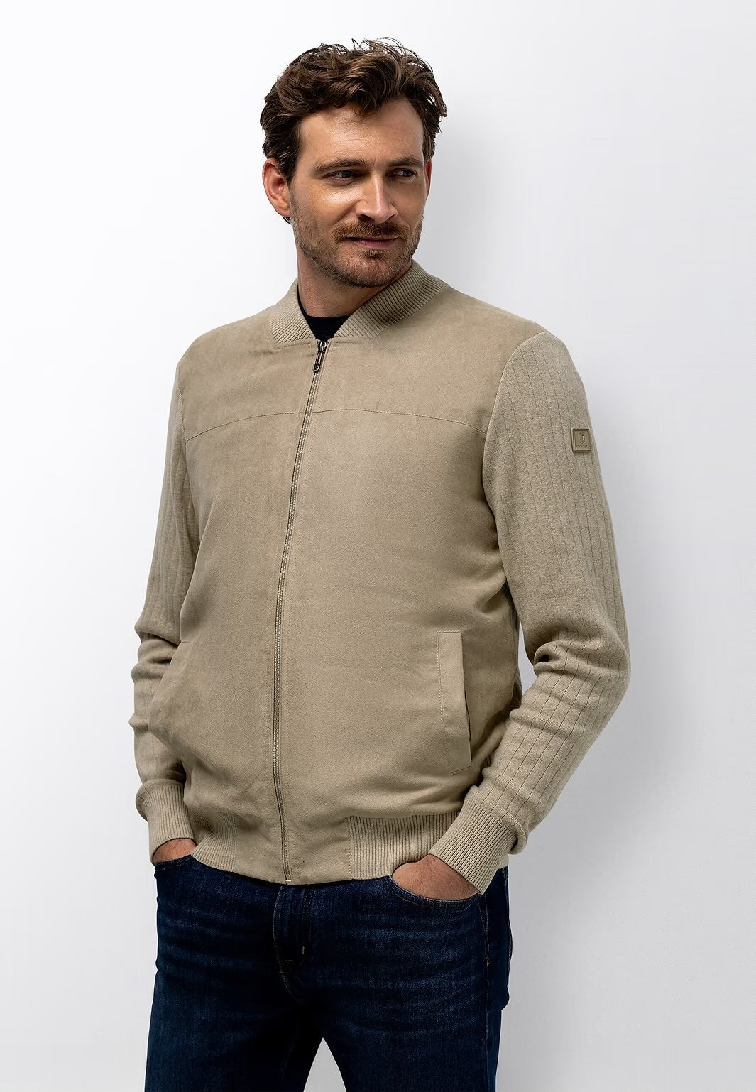 Vest bomber met suèdelook - beige