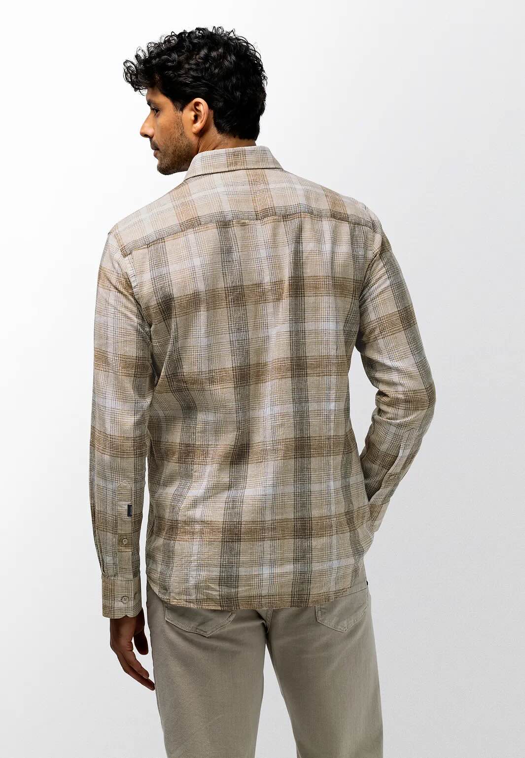 Overhemd ruit linnenmix - beige / bruin