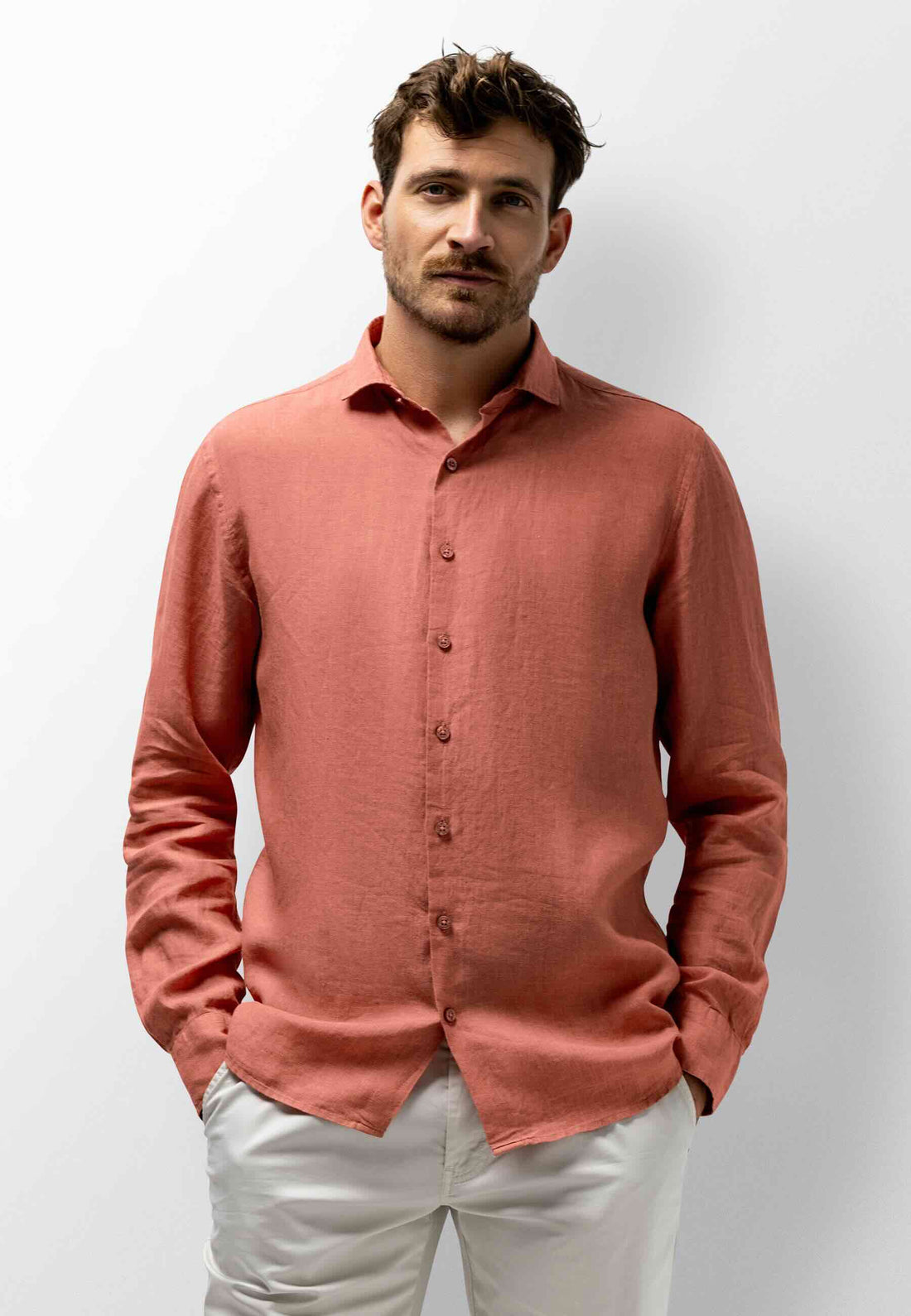 Overhemd van hoogwaardig linnen - koraalrood