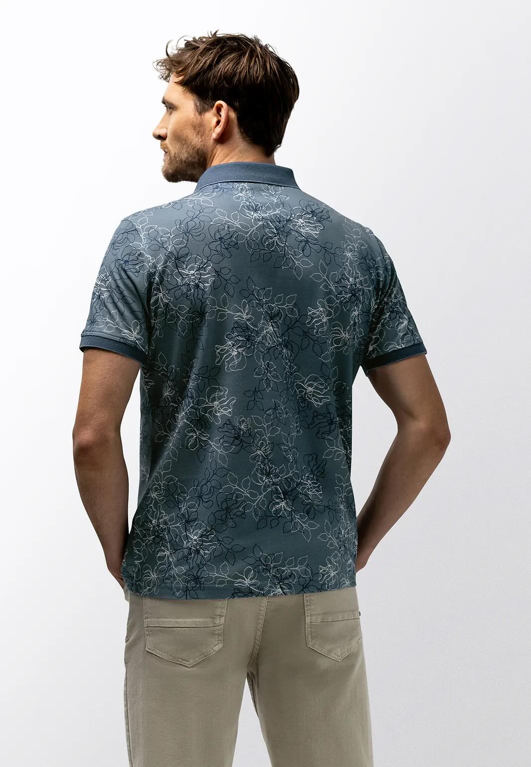 Polo pique bloemenprint - grijsblauw