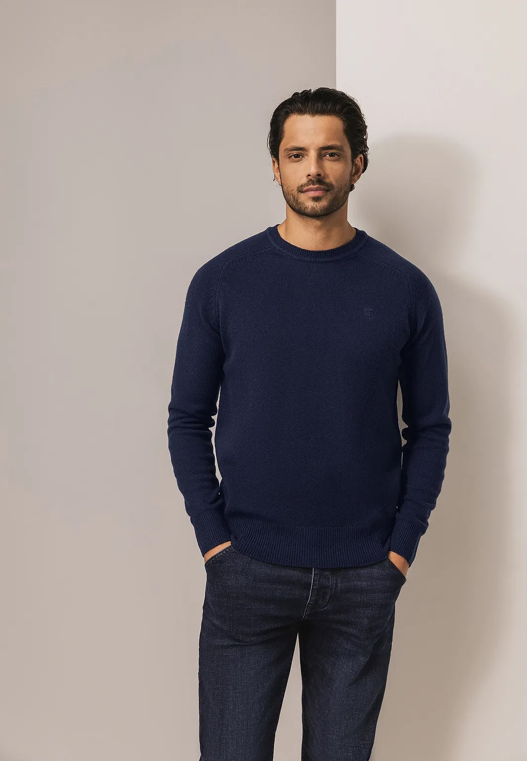 Trui lamswol met ronde hals - donkerblauw