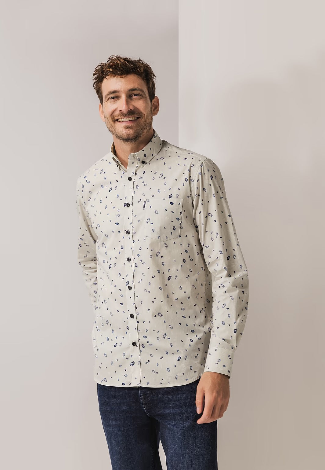 Overhemd fijne streep met allover print - lichtgrijs/blauw