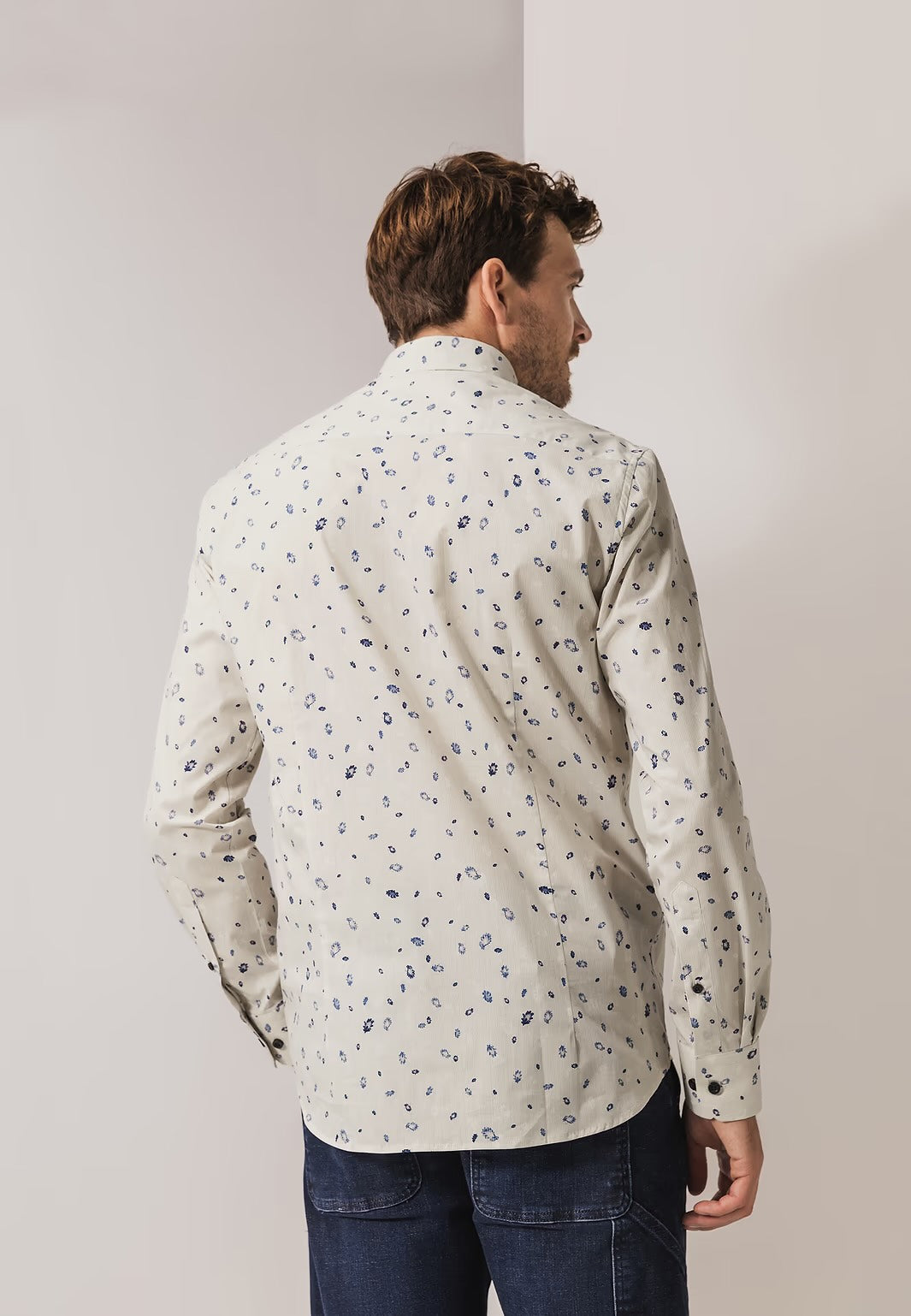 Overhemd fijne streep met allover print - lichtgrijs/blauw