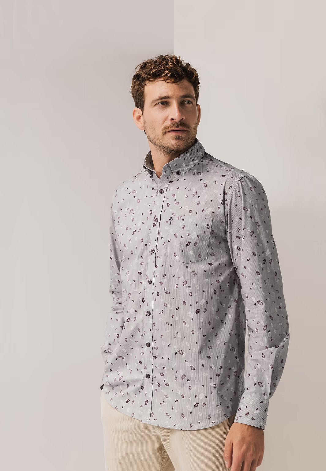 Overhemd fijne streep met allover print - lichtgrijs/bordeauxrood