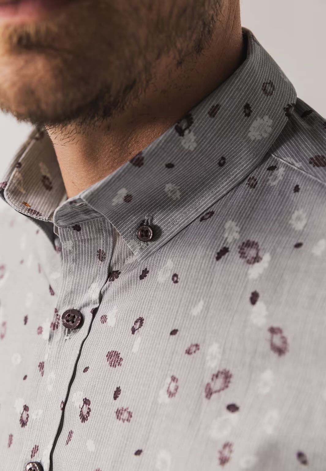 Overhemd fijne streep met allover print - lichtgrijs/bordeauxrood