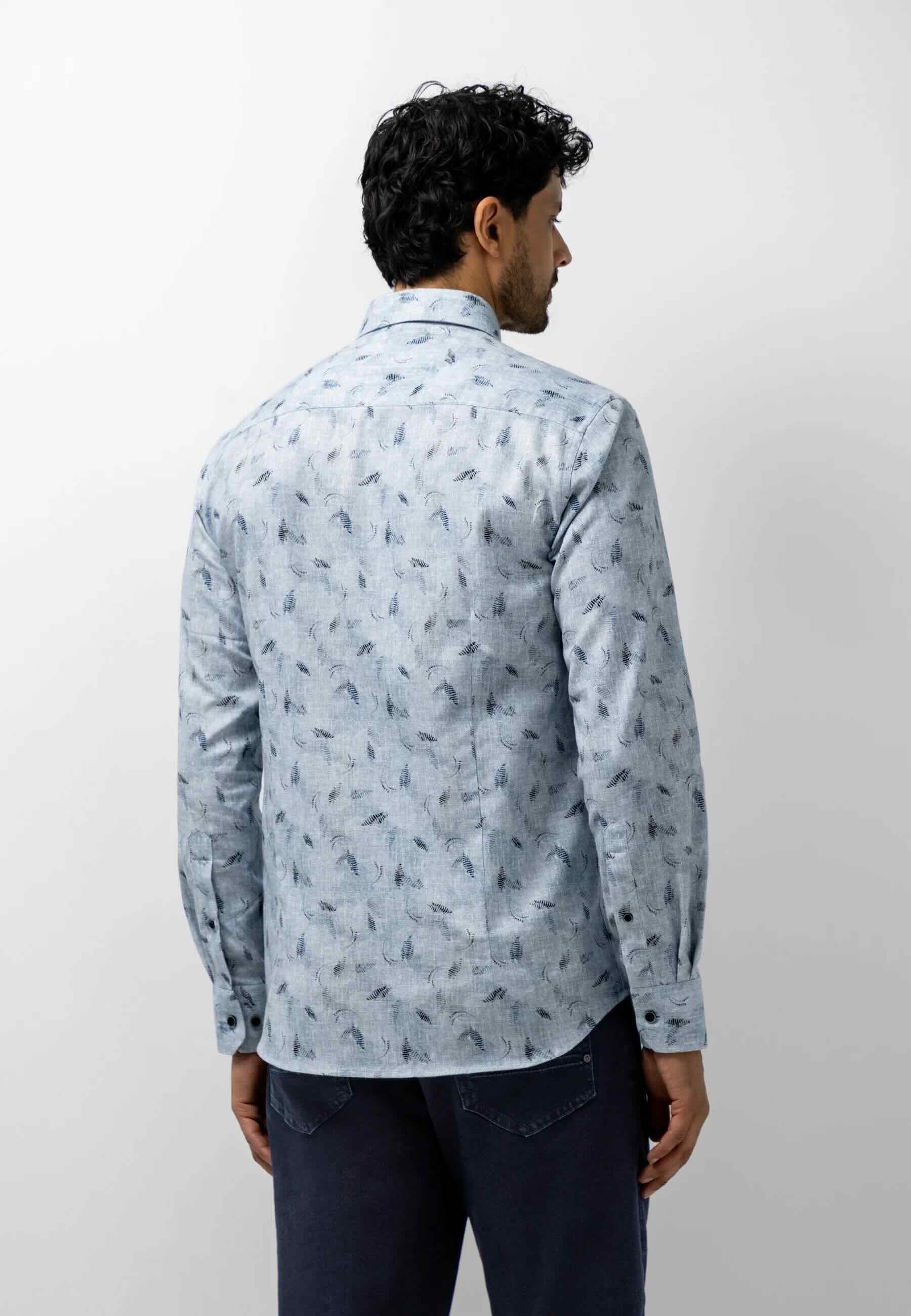 Overhemd botanische print - blauw/grijs