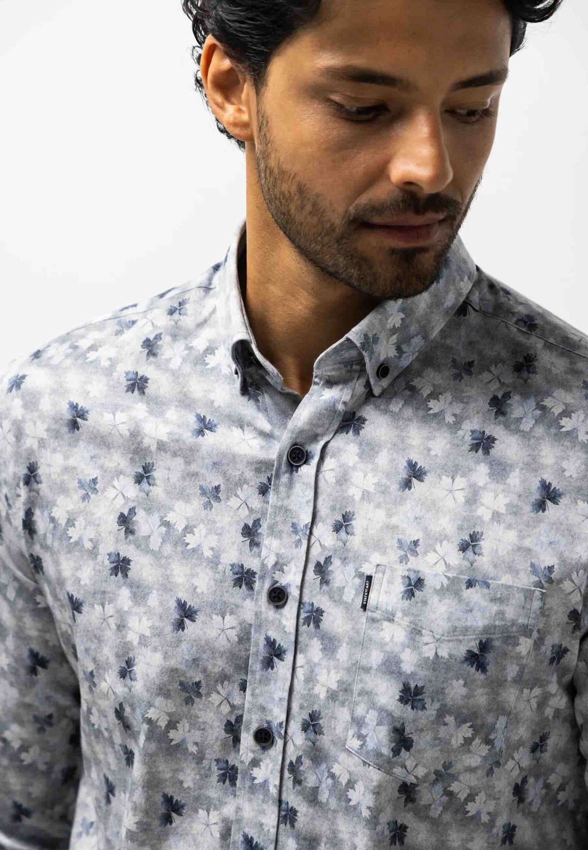 Overhemd flanel botanische print - blauw/grijs