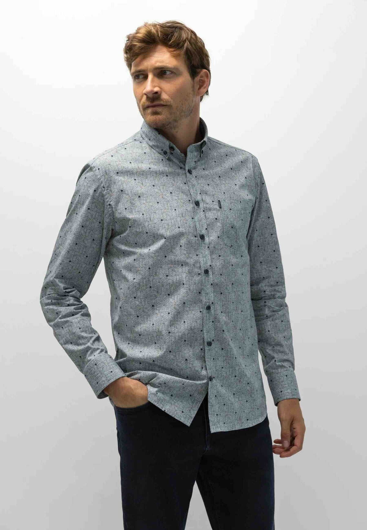 Overhemd poplin all-over print - blauw