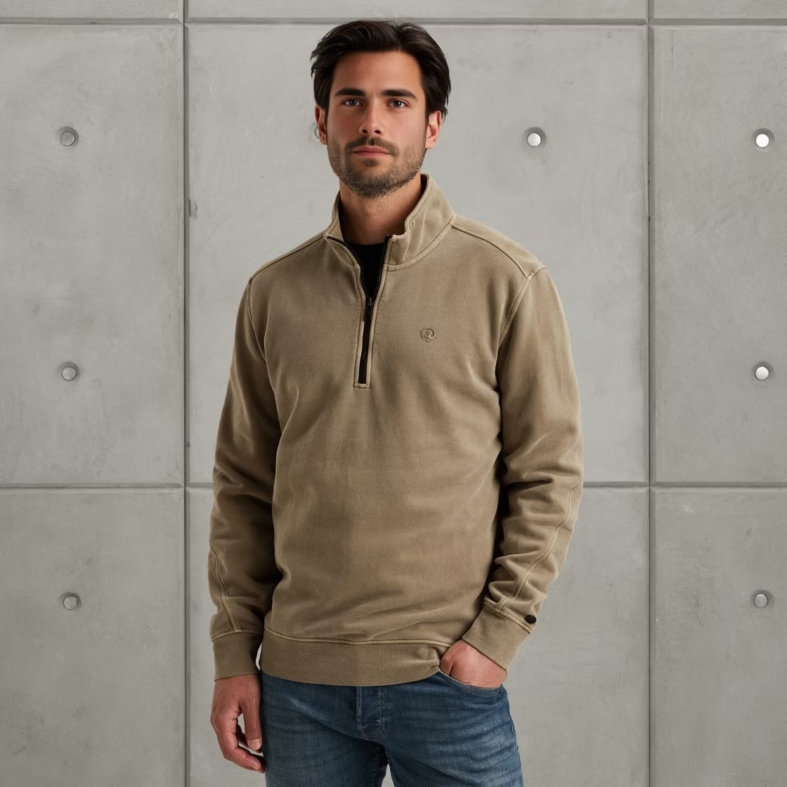 Sweatshirt met halve rits - khaki
