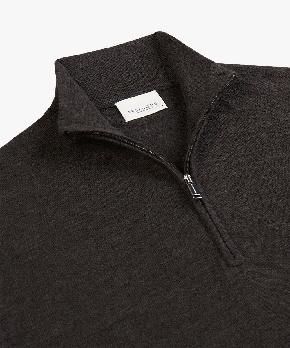 Trui merino halfzip - donkerbruin