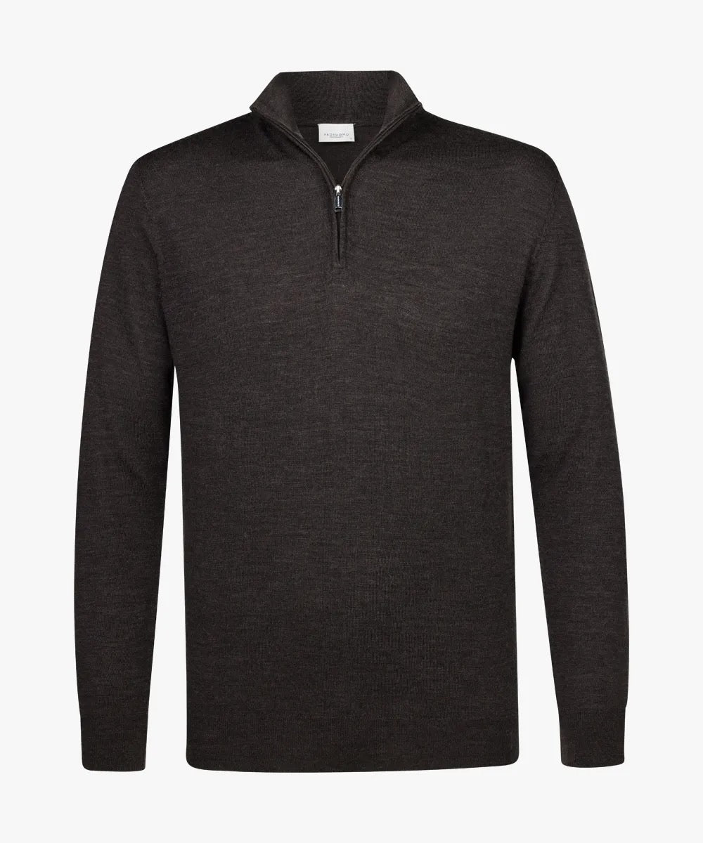 Trui merino halfzip - donkerbruin
