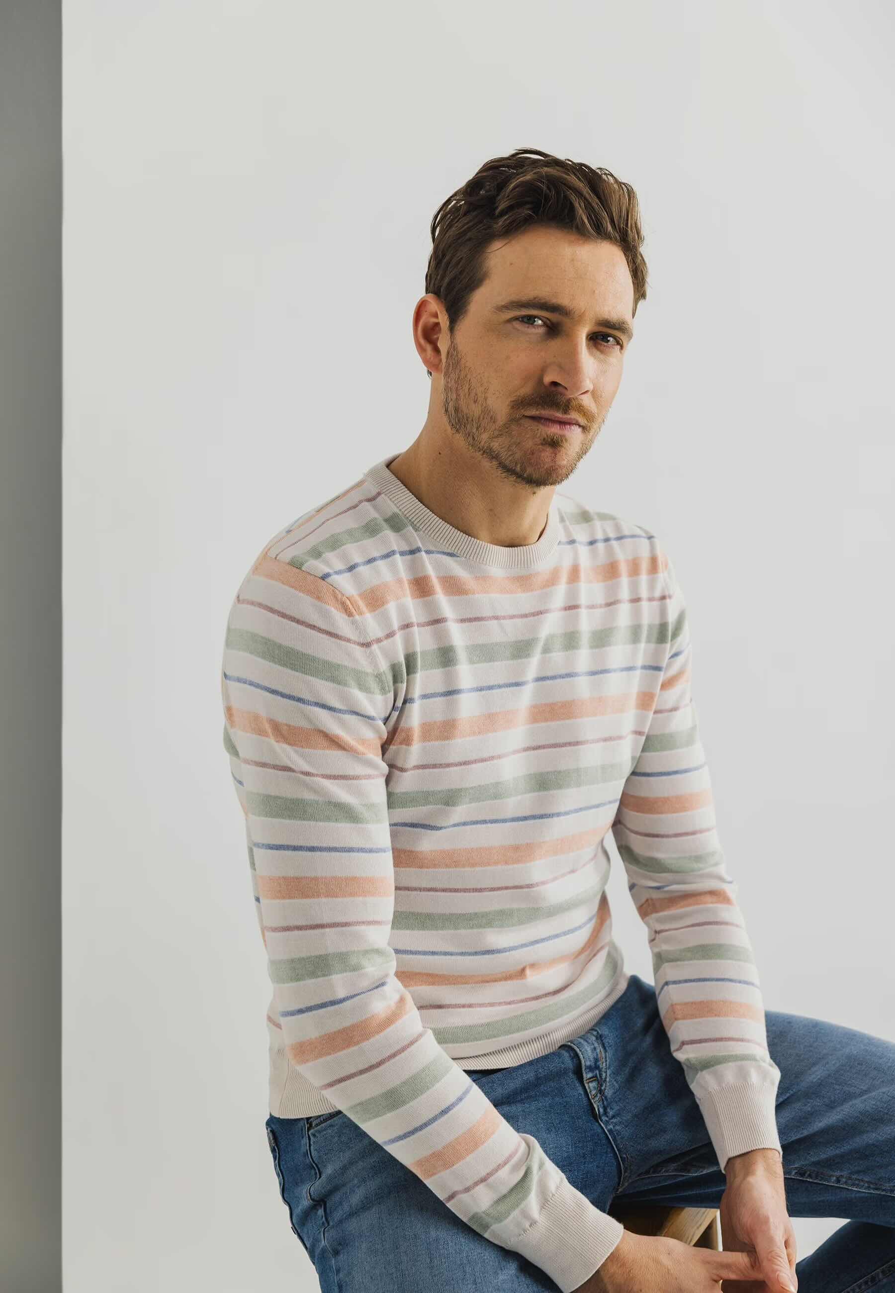 Trui gestreept ronde hals - beige/groen/oranje
