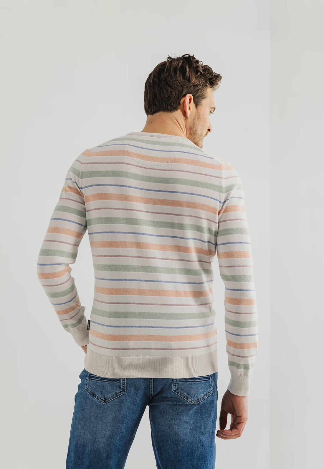 Trui gestreept ronde hals - beige/groen/oranje