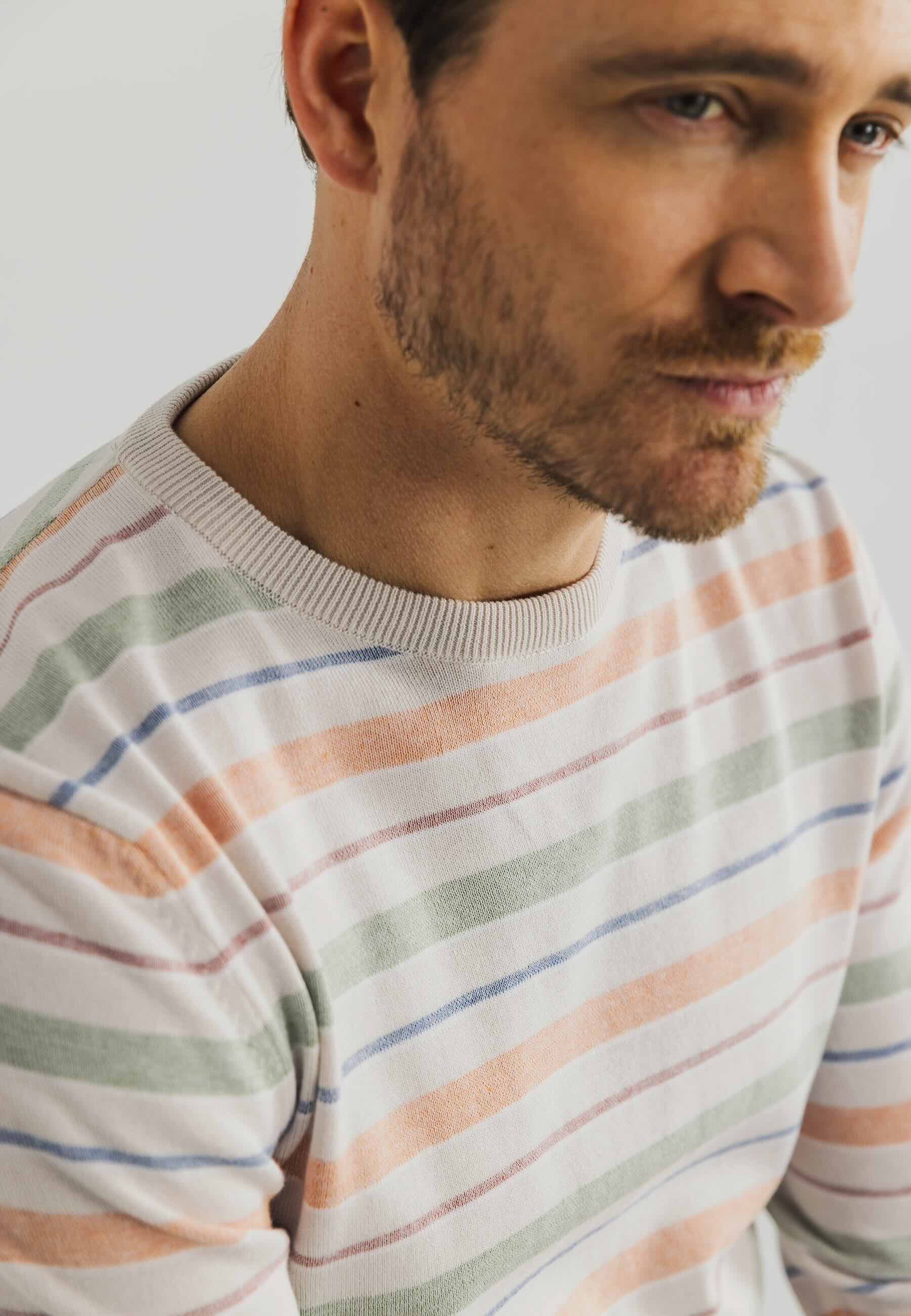 Trui gestreept ronde hals - beige/groen/oranje