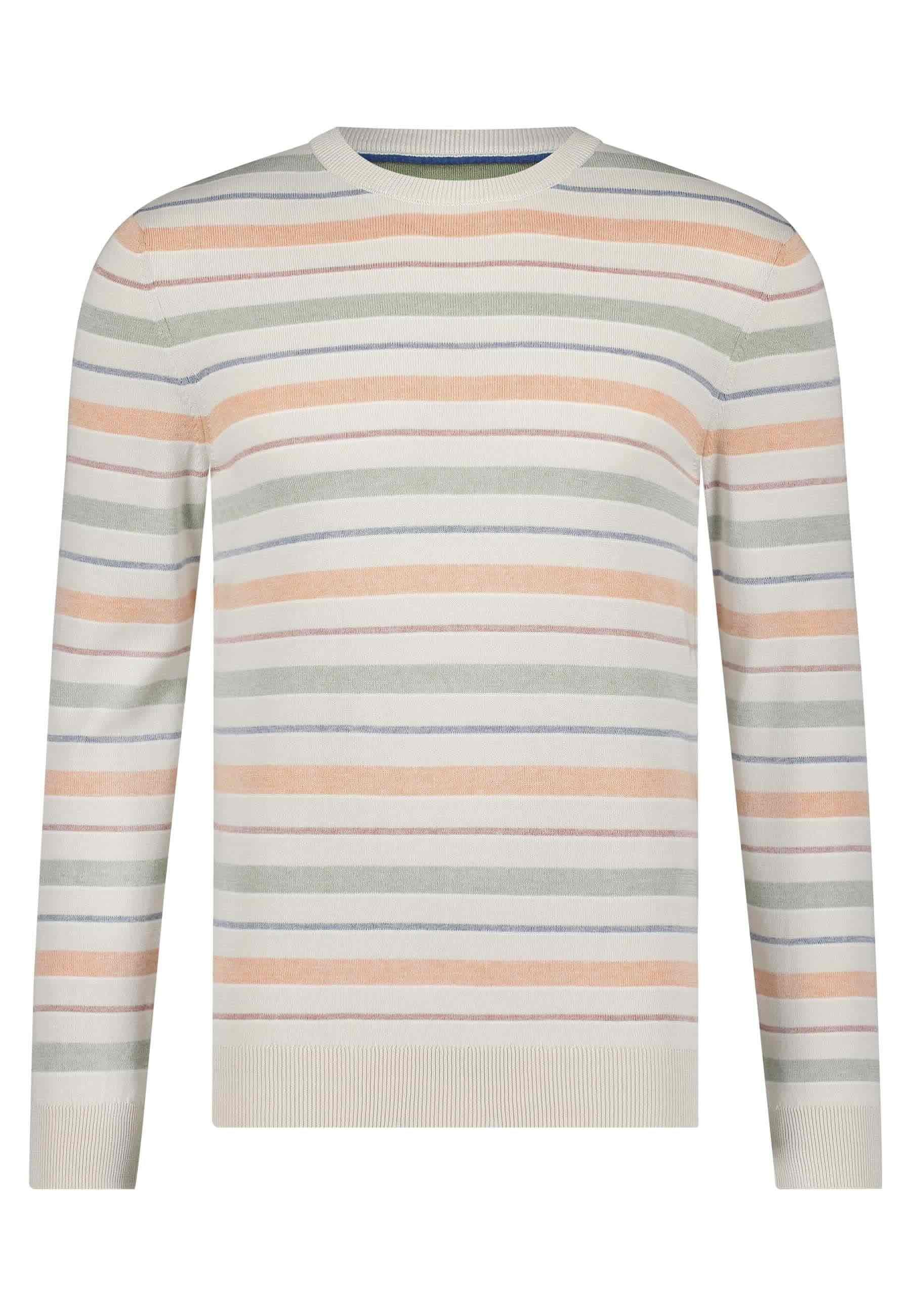 Trui gestreept ronde hals - beige/groen/oranje