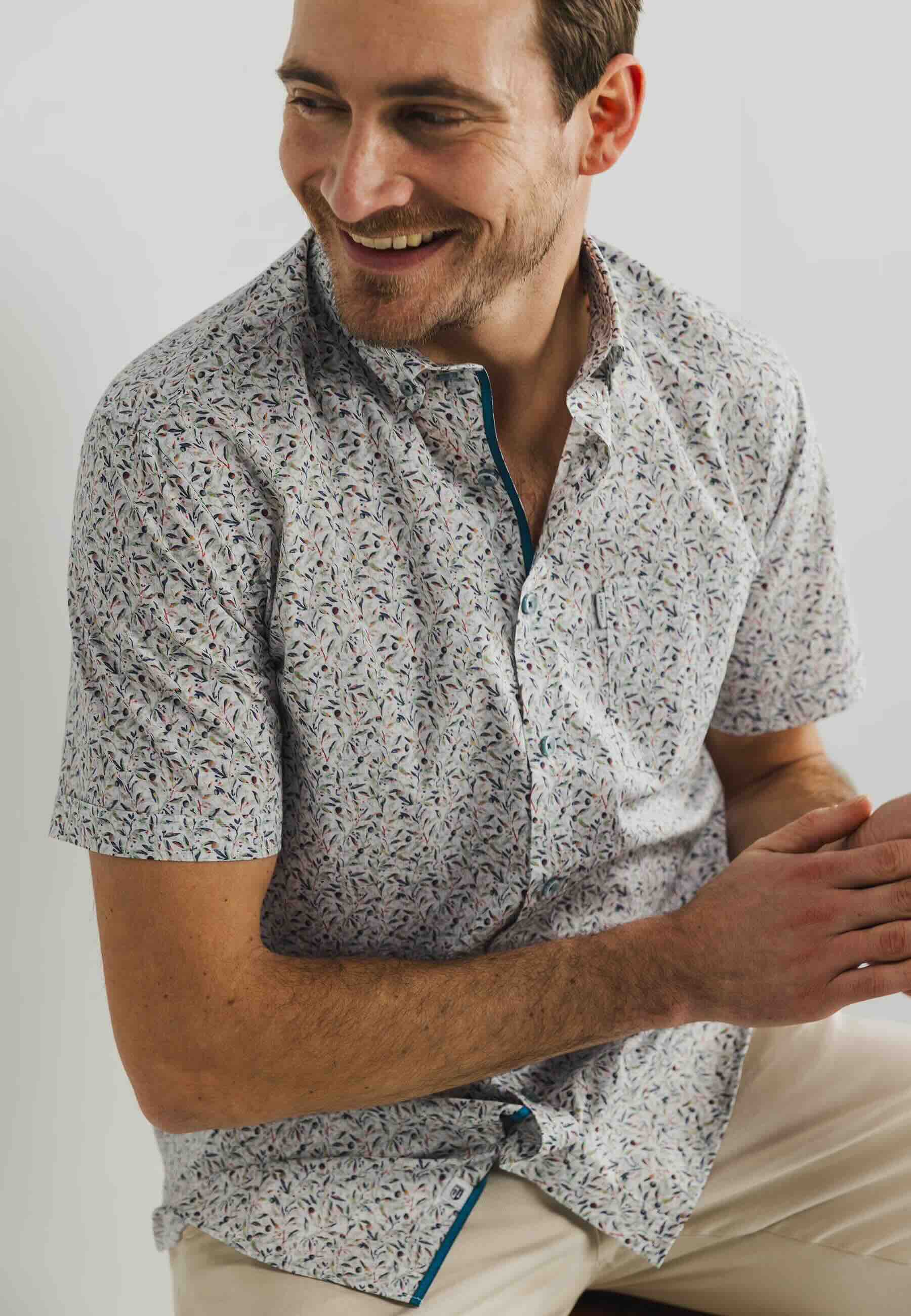 Overhemd korte mouw all-over print - wit/groen