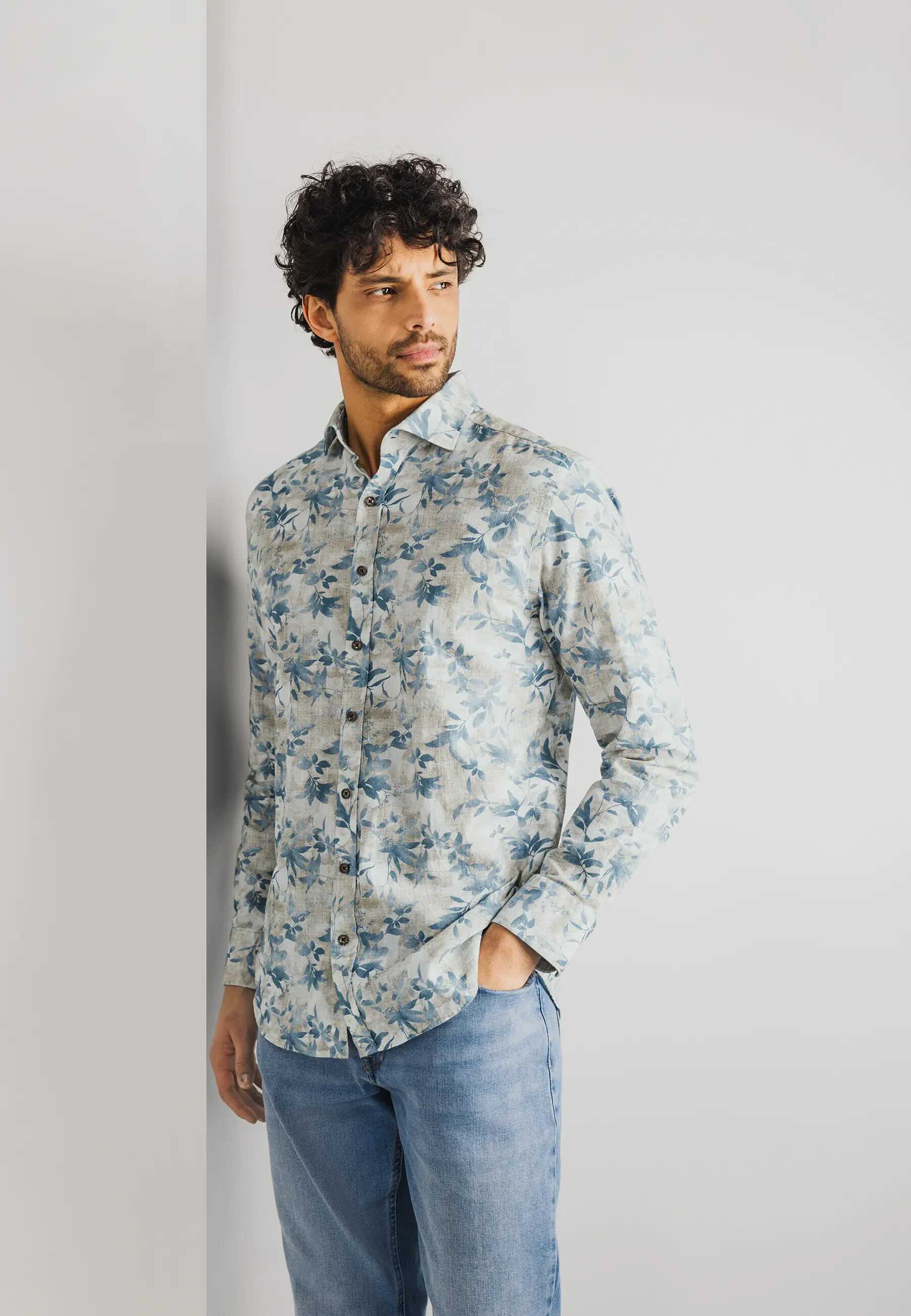 Overhemd print - blauw beige