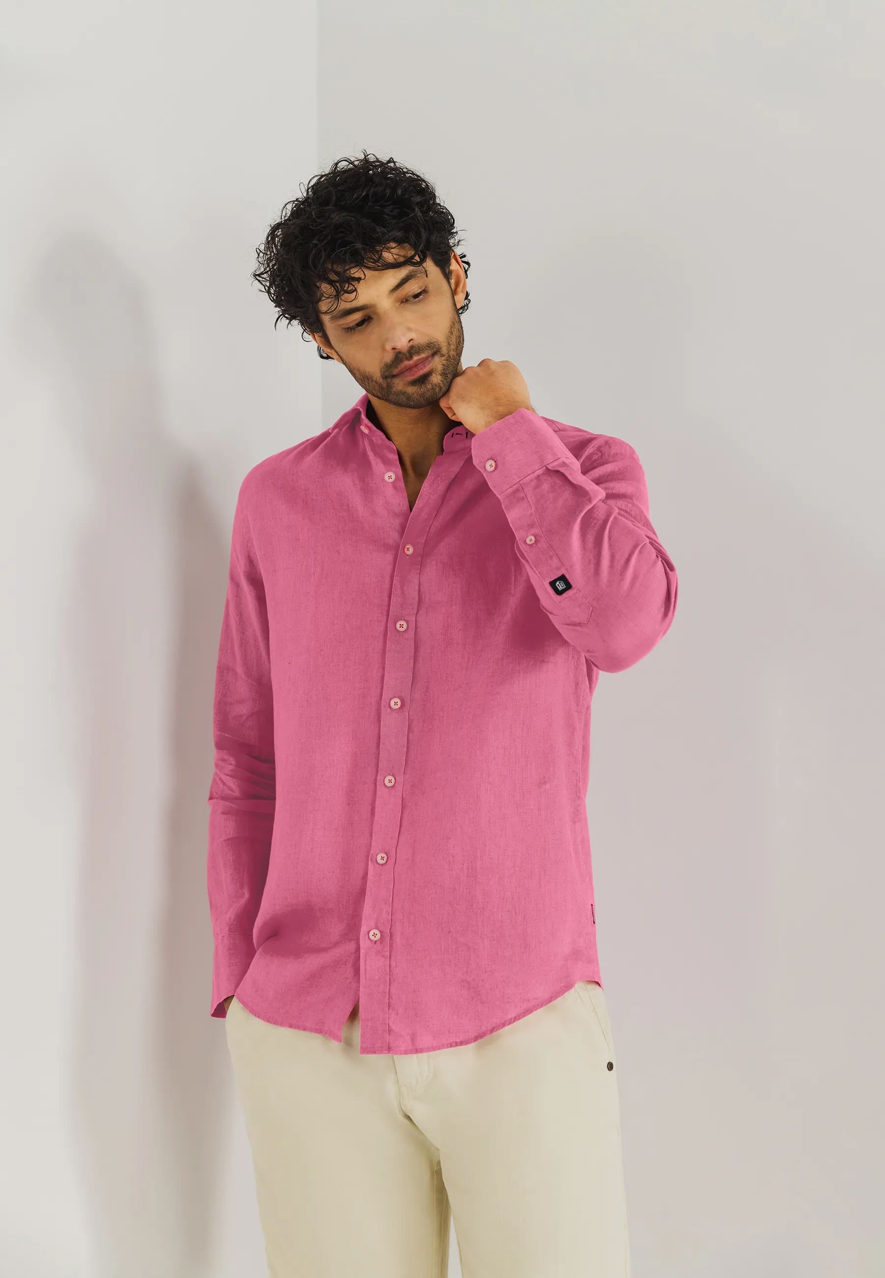 Overhemd van hoogwaardig linnen - flamingo roze