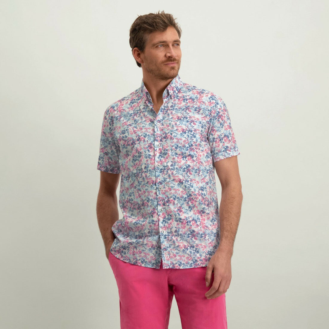 Overhemd met borstzak - wit/roze/blauw