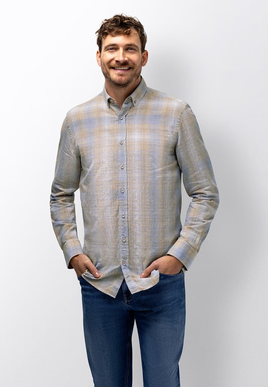 Overhemd ruit linnenmix - beige / blauw