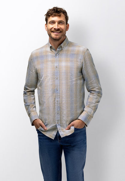 Overhemd ruit linnenmix - beige / blauw