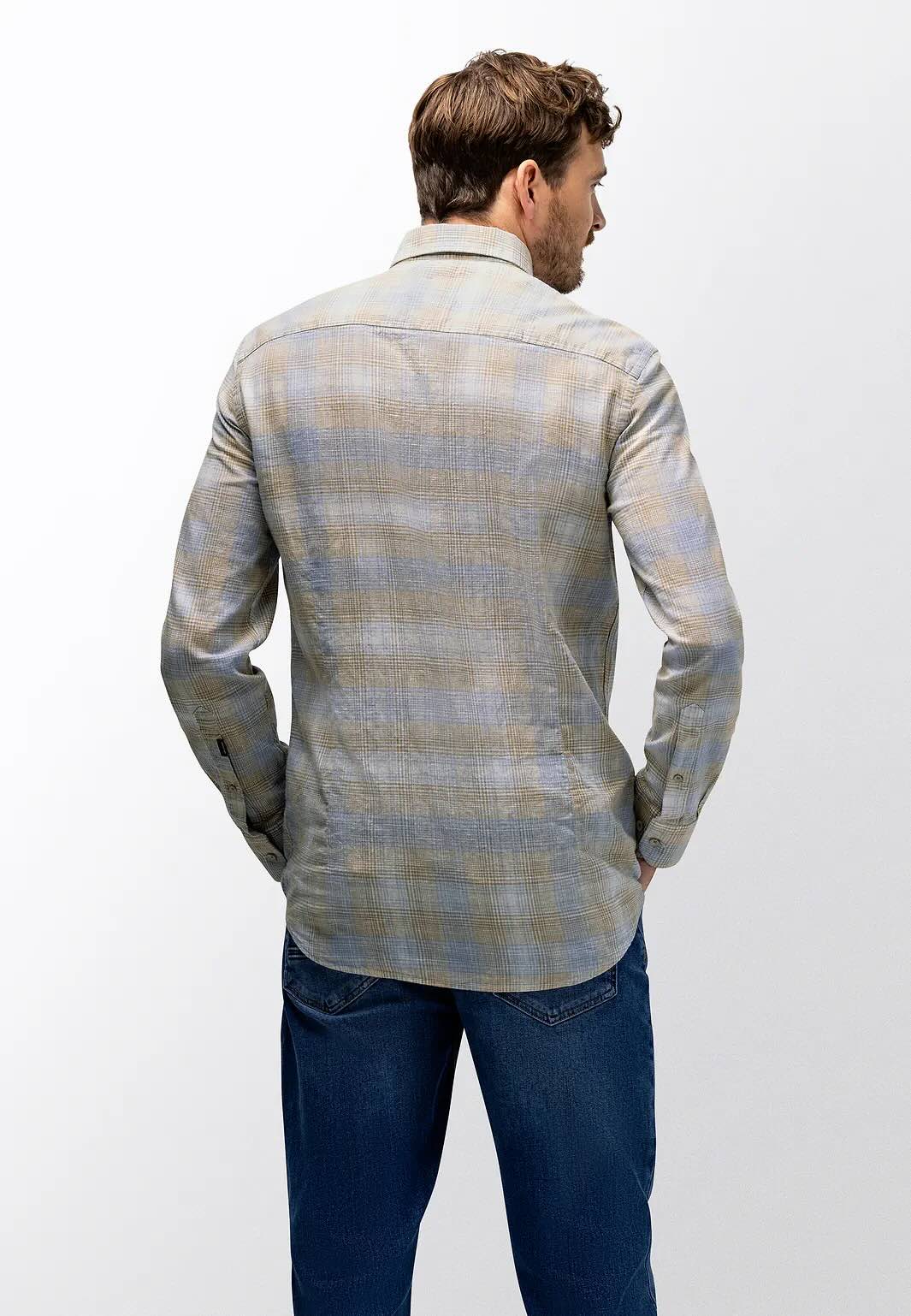 Overhemd ruit linnenmix - beige / blauw