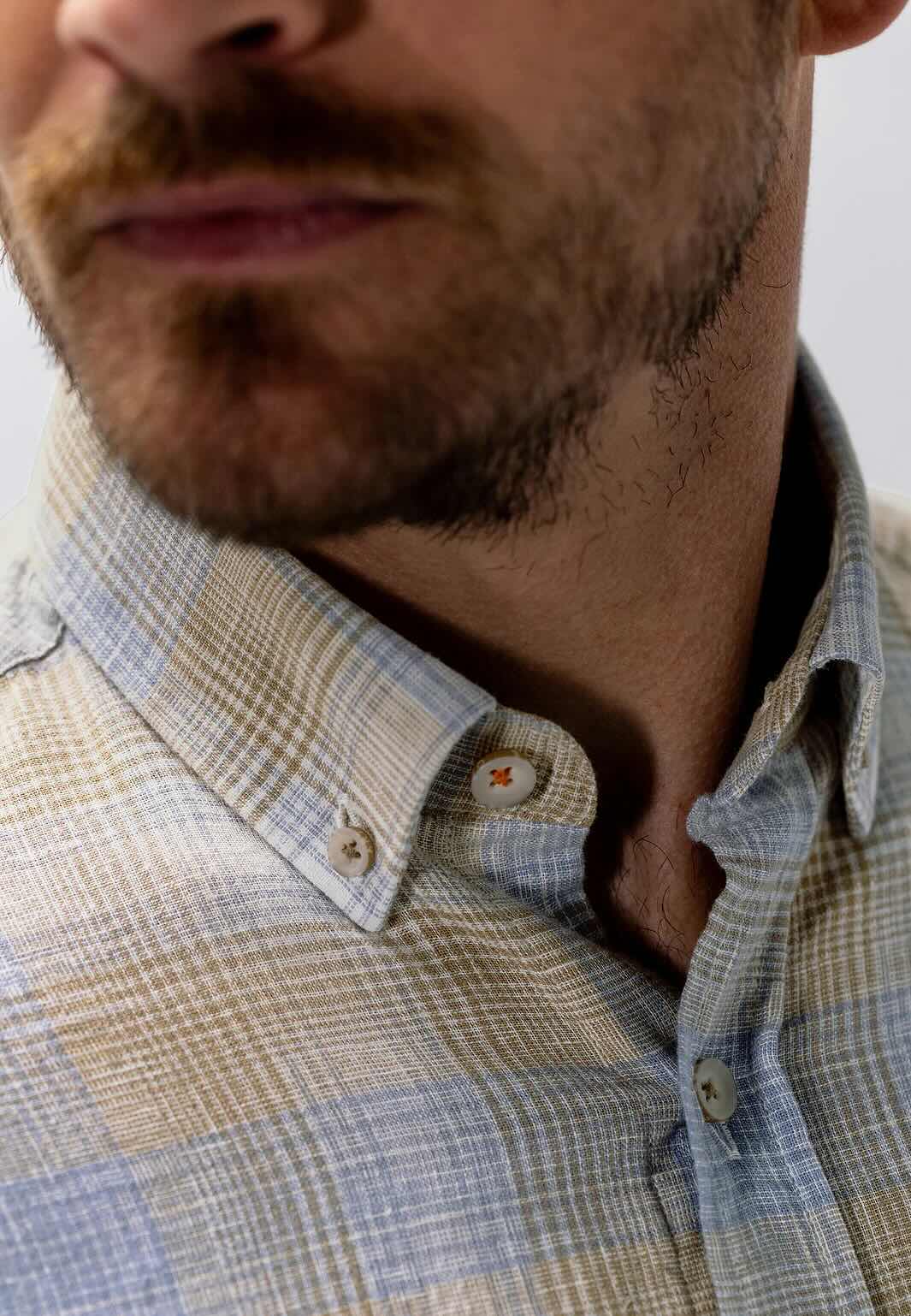 Overhemd ruit linnenmix - beige / blauw