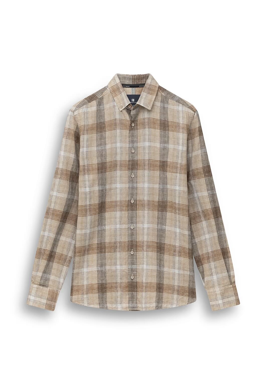 Overhemd ruit linnenmix - beige / bruin