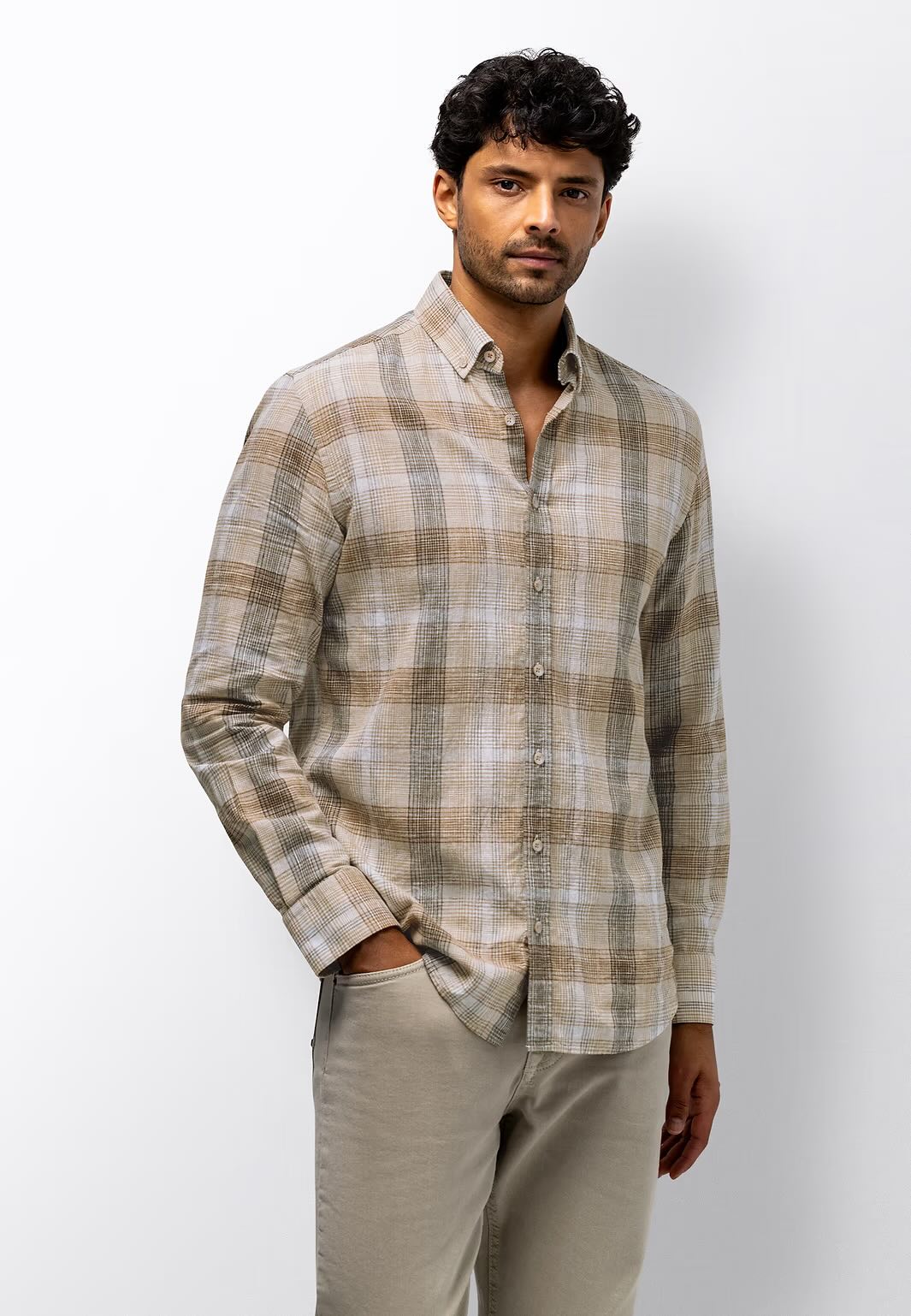 Overhemd ruit linnenmix - beige / bruin