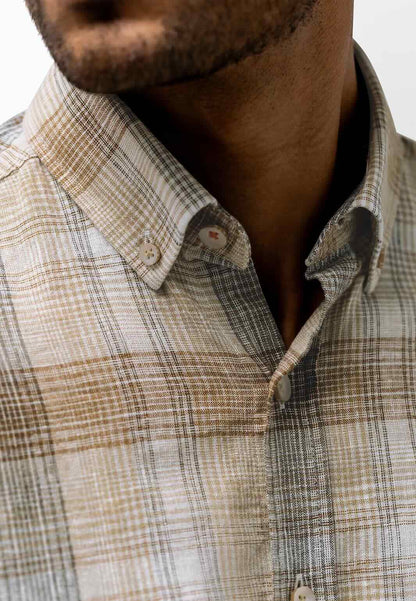 Overhemd ruit linnenmix - beige / bruin