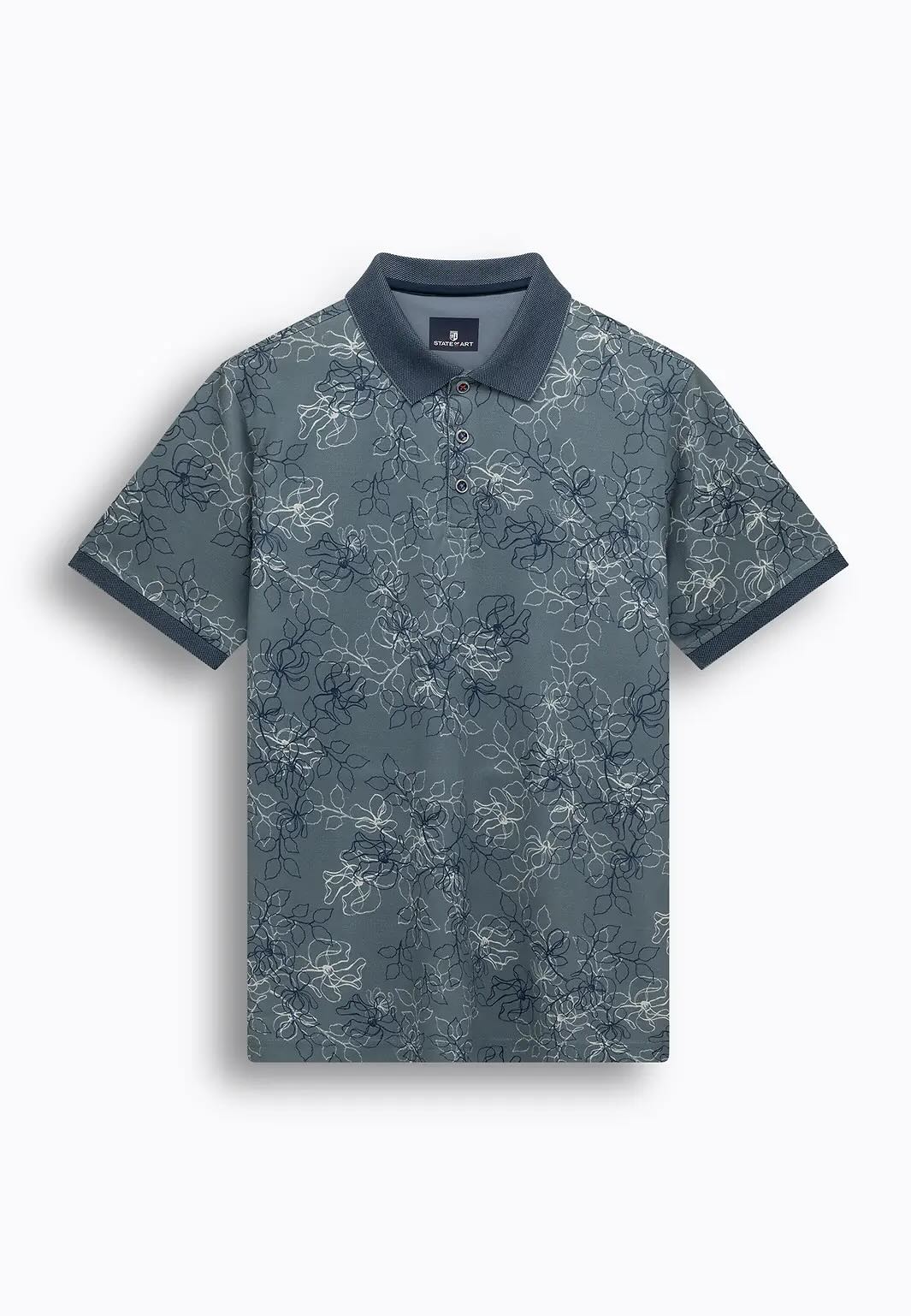 Polo pique bloemenprint - grijsblauw