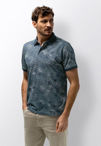 Polo pique bloemenprint - grijsblauw
