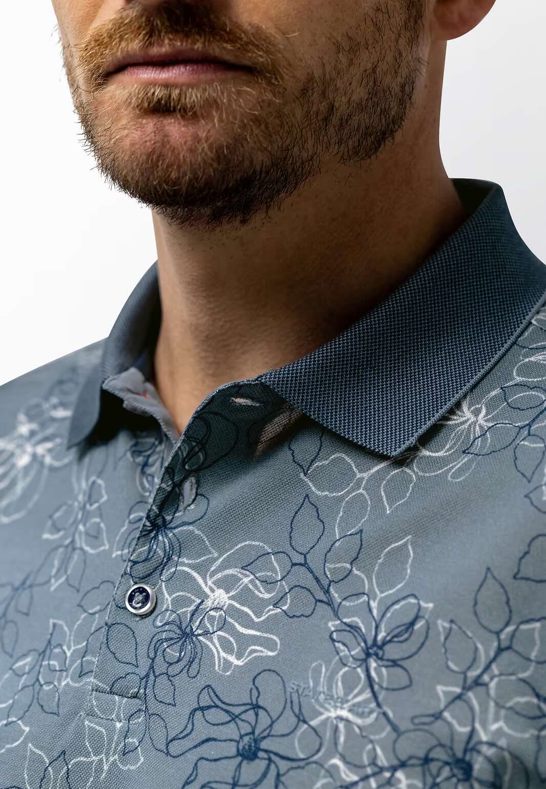 Polo pique bloemenprint - grijsblauw