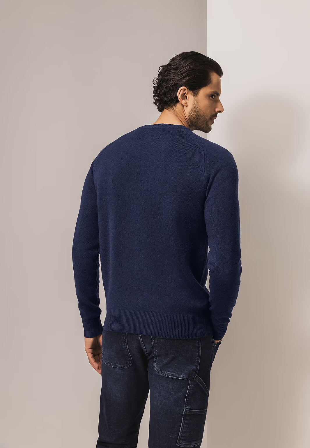 Trui lamswol met ronde hals - donkerblauw