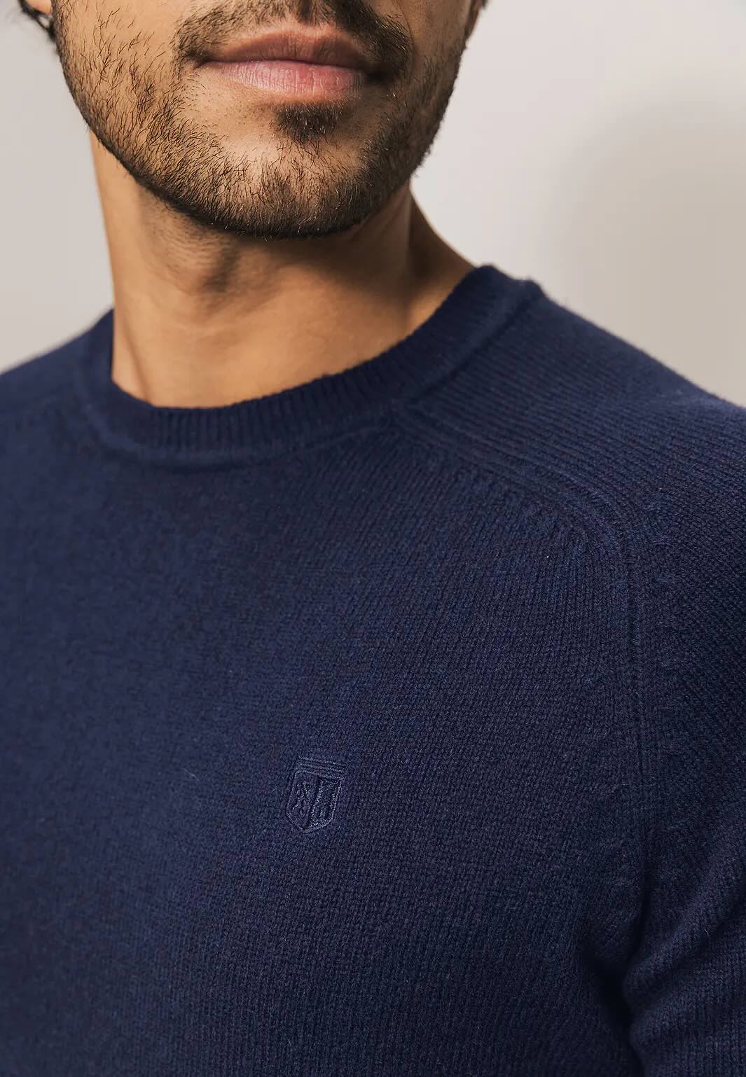 Trui lamswol met ronde hals - donkerblauw