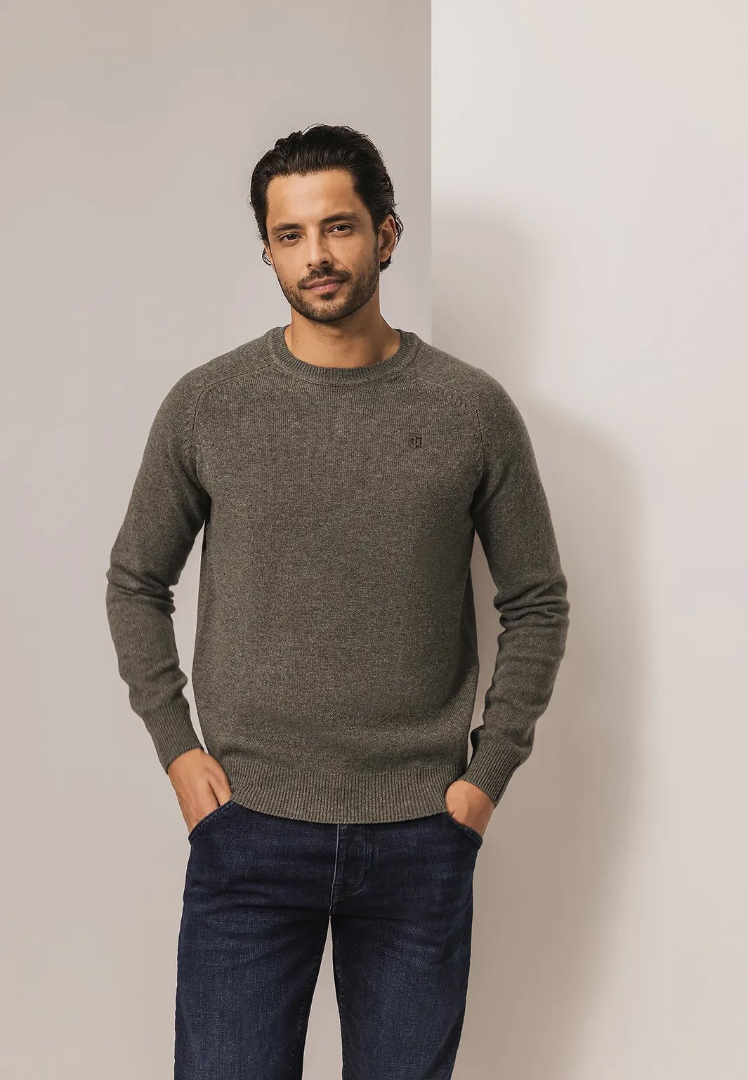 Trui lamswol met ronde hals - bruin