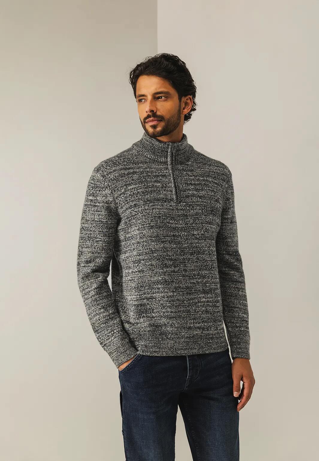 Trui gemêleerd met halve rits - blauw/groen