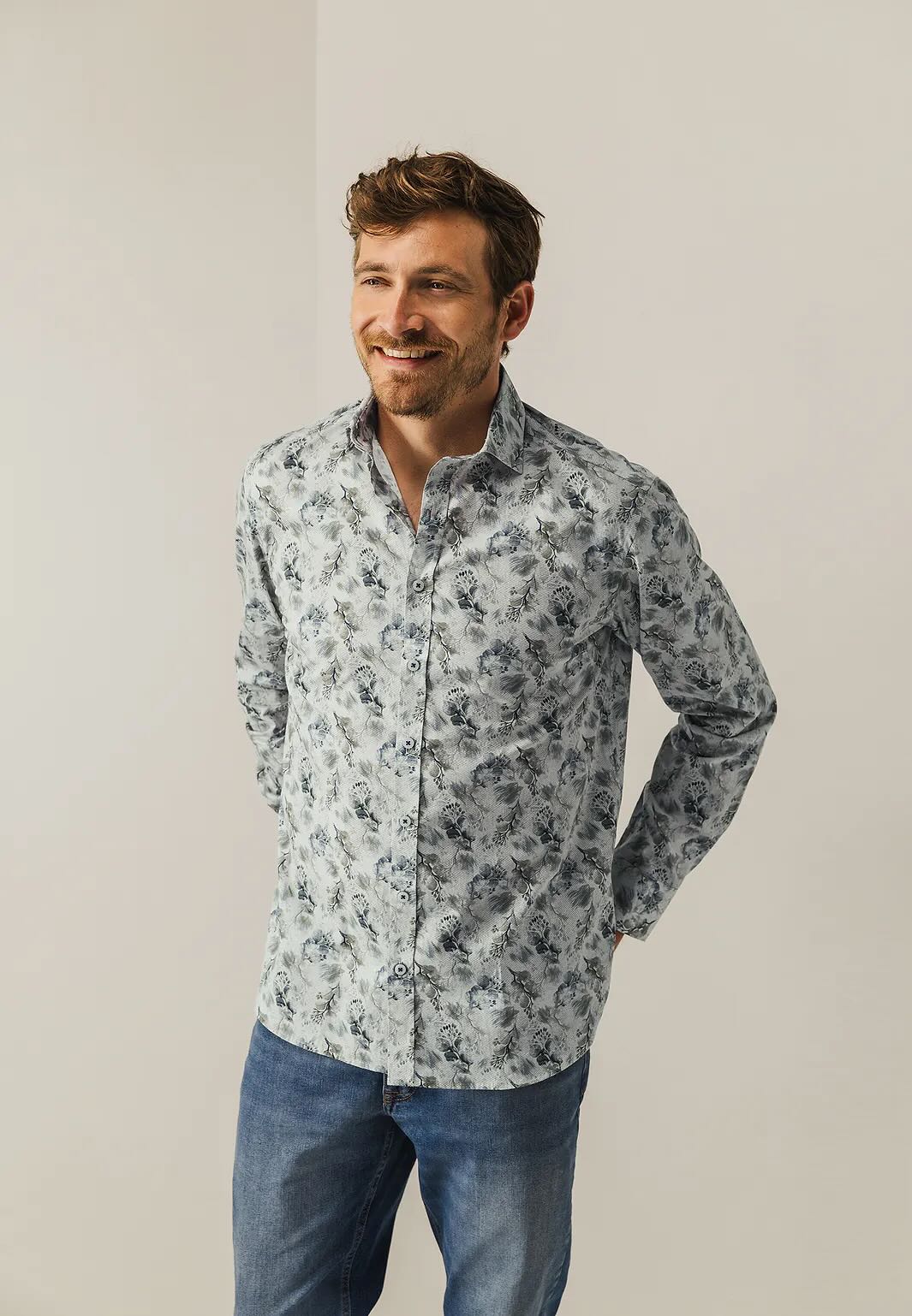 Overhemd met botanische print - grijs/groen/blauw