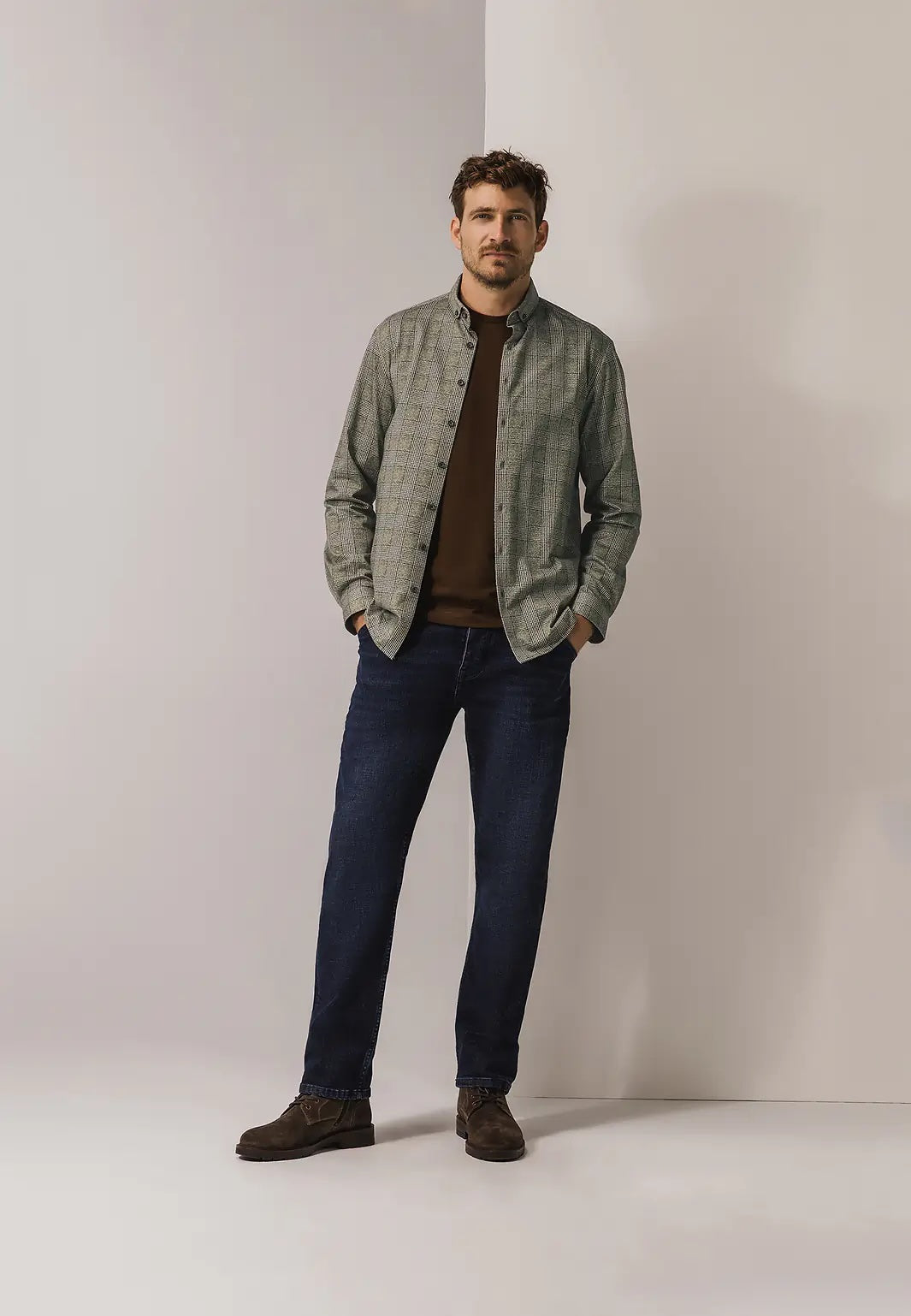 Overhemd jersey ruit - bruin