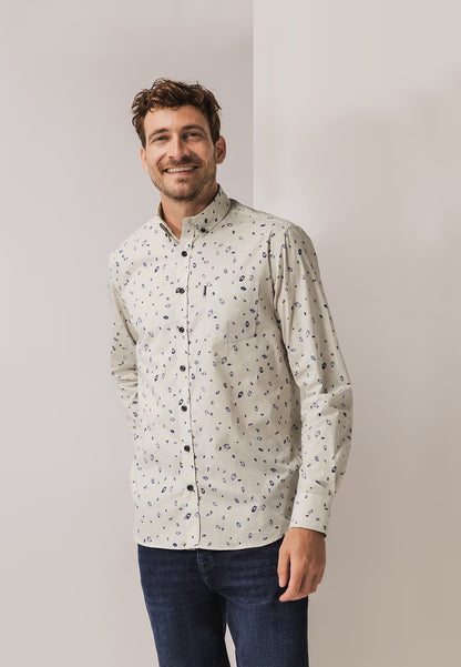 Overhemd fijne streep met allover print - lichtgrijs/blauw