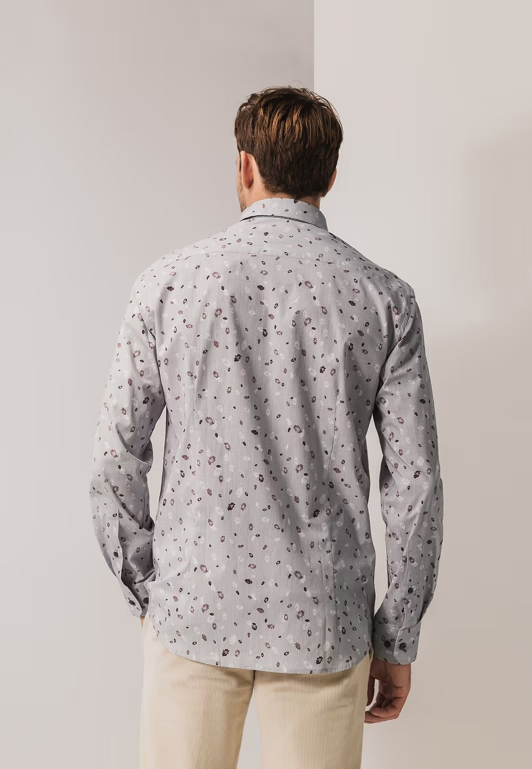 Overhemd fijne streep met allover print - lichtgrijs/bordeauxrood