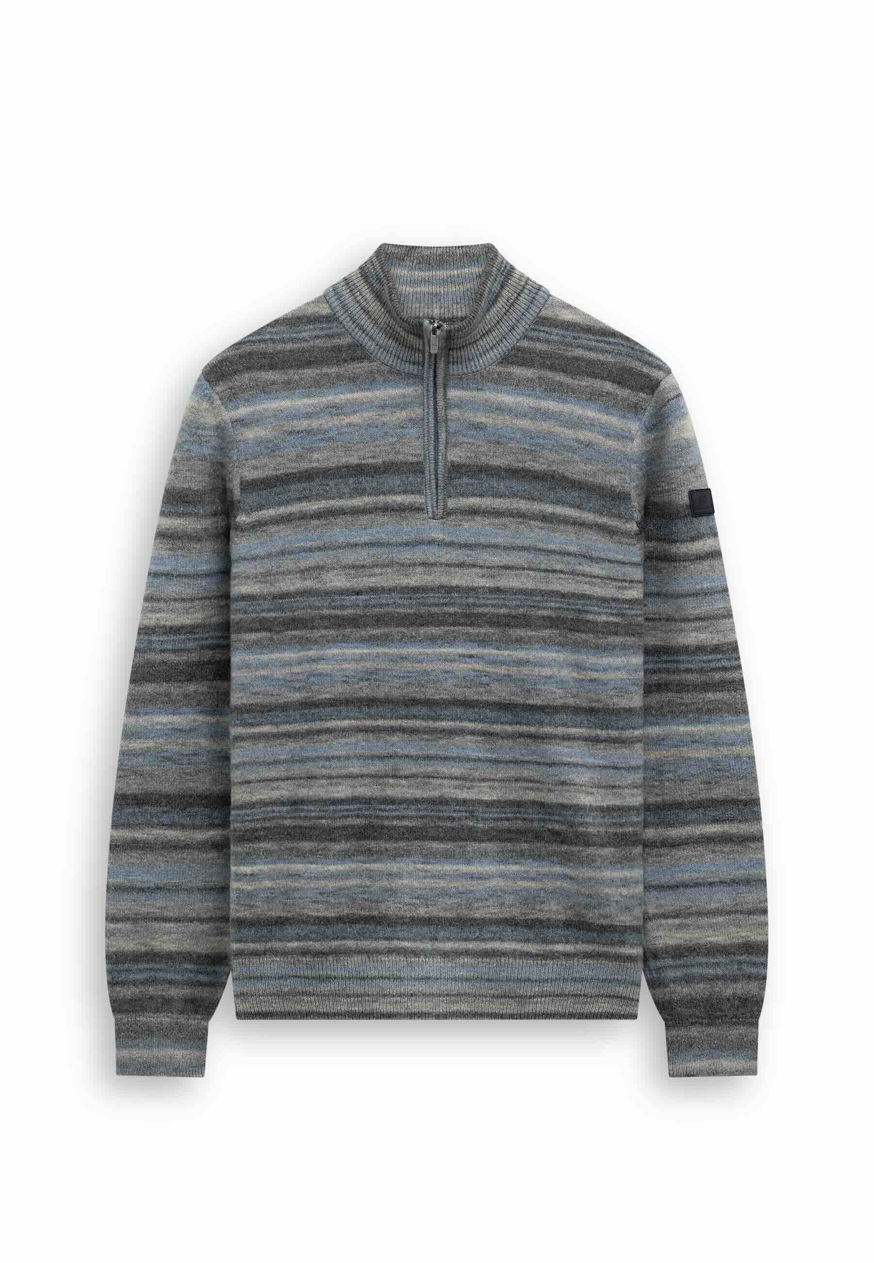 Trui gestreept met halve rits - grijs / blauw