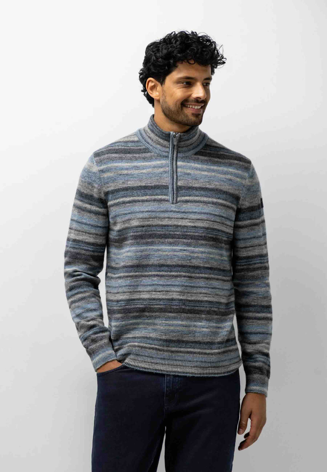 Trui gestreept met halve rits - grijs / blauw