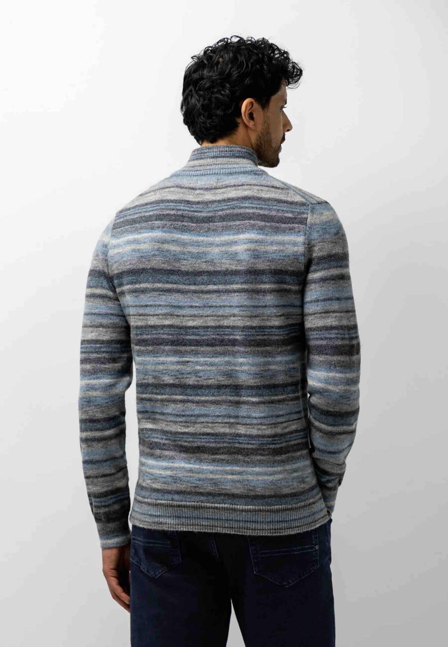 Trui gestreept met halve rits - grijs / blauw
