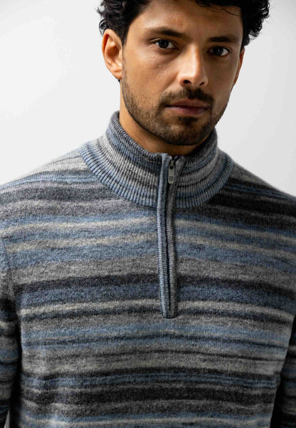 Trui gestreept met halve rits - grijs / blauw