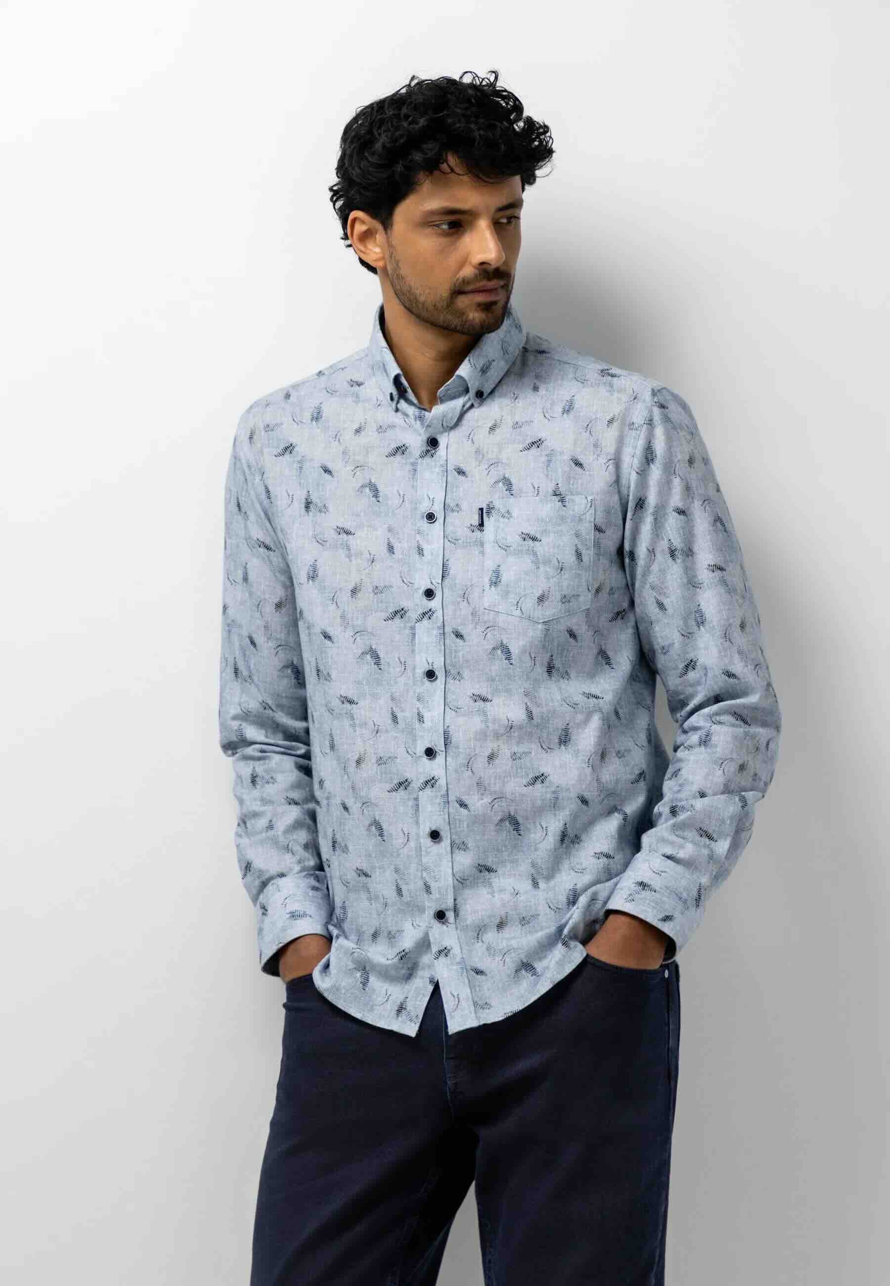 Overhemd botanische print - blauw/grijs